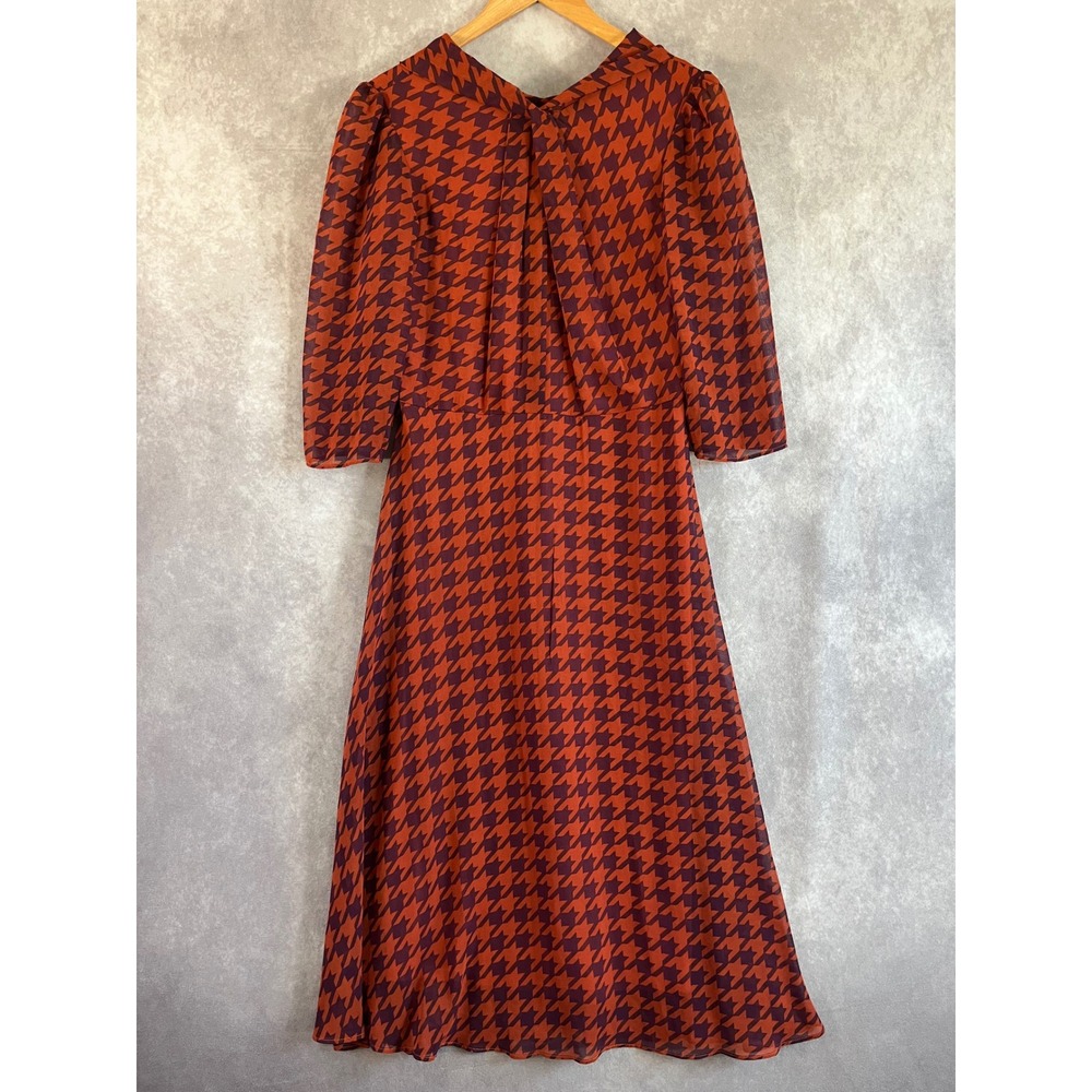 Maison Tara Houndstooth Midi Dress Women 10 Rust Color 3/4 Sleeve Chiffon A-Line